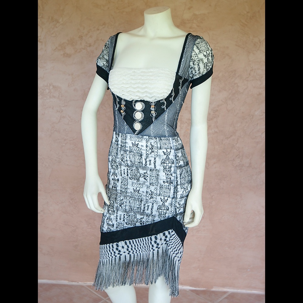 Save The Queen Black, White & Gray Mixed-Print Fringe Dress